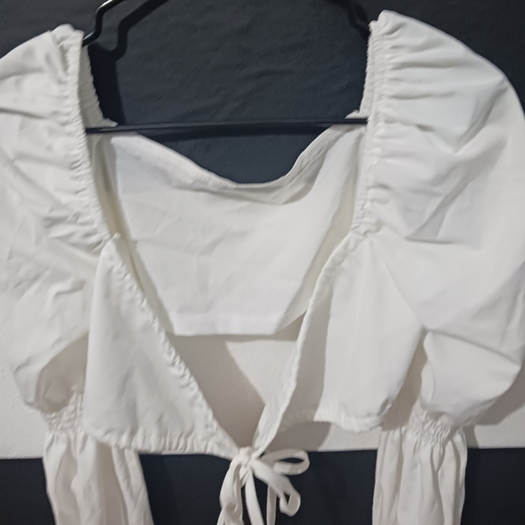 Women sexy white tie puffer elastic long sleeve top - Picture 9 of 16